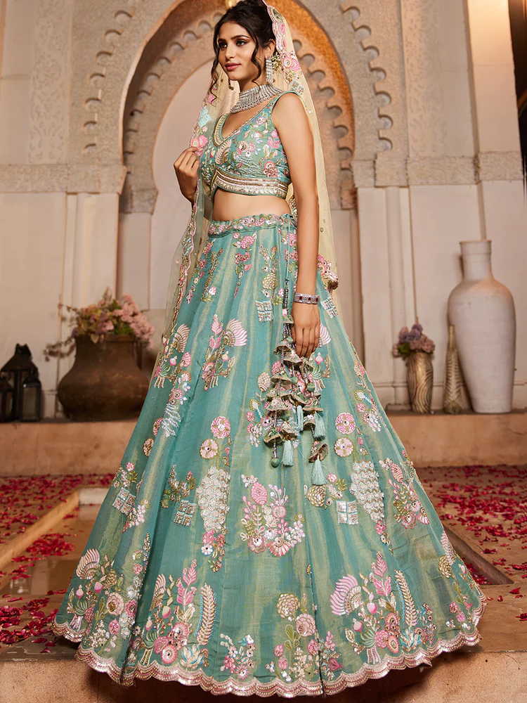SEAGREEN - Net Fabric Sequinse Embroidery Semi-Stitched Lehenga Choli & Dupatta - Image 3